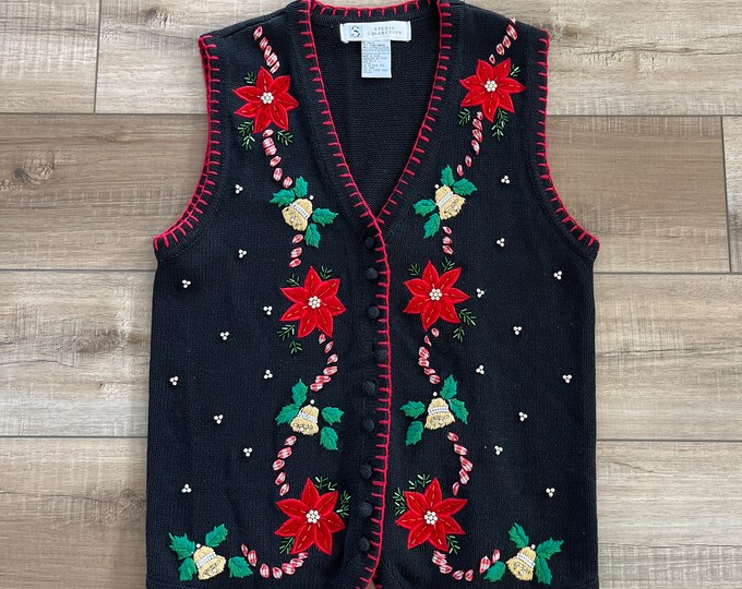 Vintage Holiday Sweater Vest, 90s Studio Collection Embellished Vest, Beaded Christmas Sweater