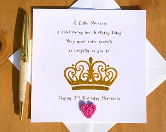 Princess birthday card, personalised birthday card, holographic glittery princess crown,  golden tiara card, sparkly birthday card, TLC0026