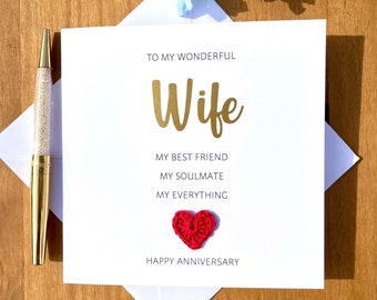 Wife anniversary card, personalised wife card, anniversary card for wife, crochet card, romantic anniversary card, sweet words