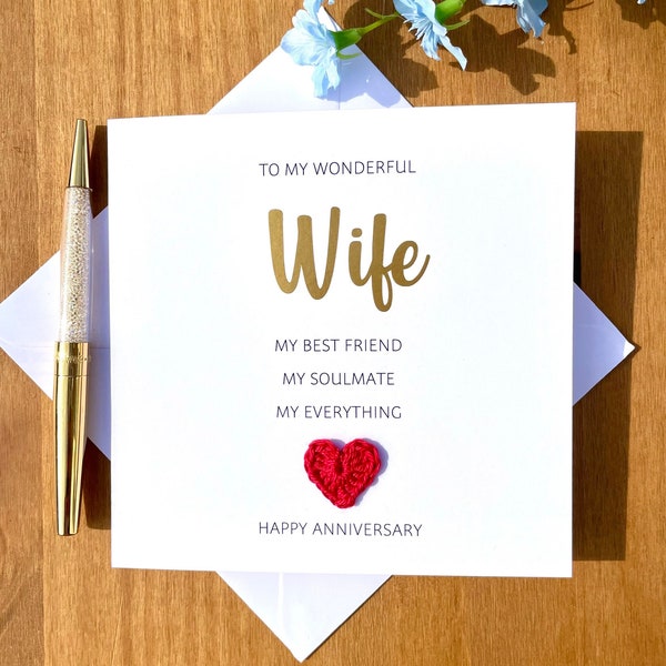 Wife anniversary card, personalised wife card, anniversary card for wife, crochet card, romantic anniversary card, sweet words