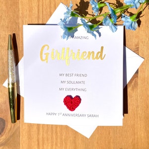 Tarjeta de aniversario de novia, tarjeta de novia personalizada, tarjeta de feliz aniversario, tarjeta de ganchillo, tarjeta de aniversario romántica, palabras dulces