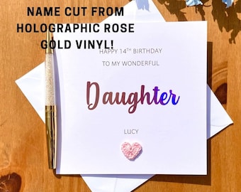 Rose gold daughter birthday card, personalised daughter card, amazing daughter, crochet card, rainbow card, name card, heart card