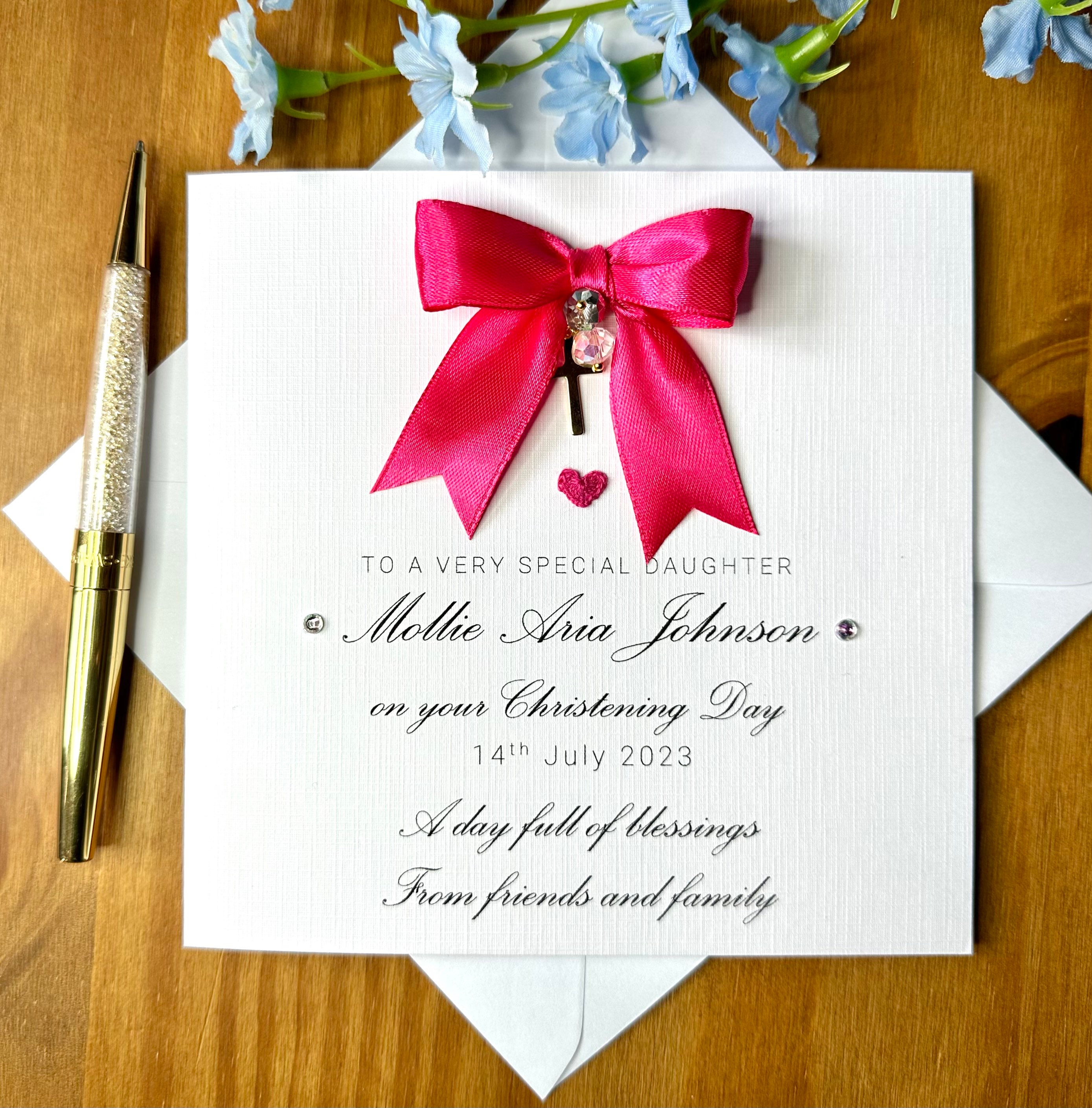 Luxury christening card for girls, personalised christening day, special handmade card, golden cross charm, sending blessings, TLC0012