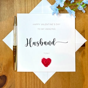 Valentinstagskarte für Ehemann, personalisierte Happy Valentines Day Karte, Valentinstagskarte für Ehemann, handgemachte Valentinskarte, gehäkelte Karte.