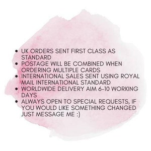 May include: Text on a pink watercolor background. The text includes information about UK orders, combined postage, international sales, worldwide delivery, and special requests. The text is in black.