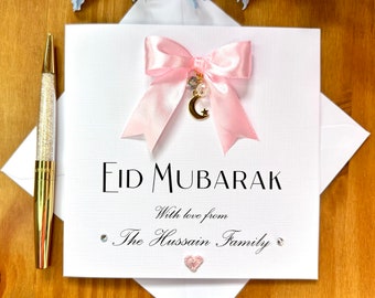 Eid Mubarak card, personalised Eid card, Eid Mubarak with crescent charm, moon and star charm, TLC0215