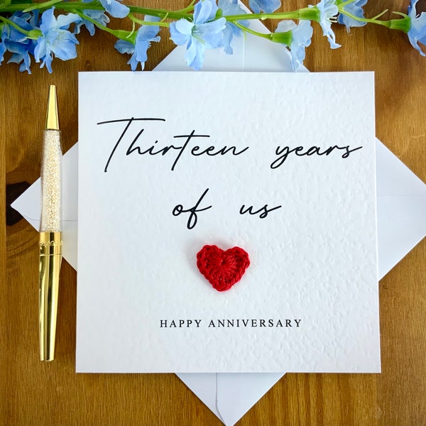 Tarjeta de 13.º aniversario: 13 años juntos, Corazón de ganchillo, Tarjeta de aniversario personalizada, TLC0435