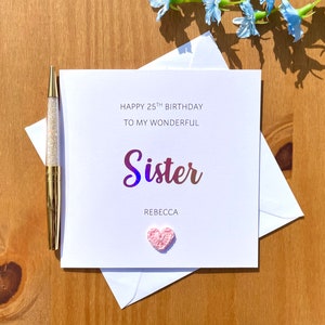 Carte d’anniversaire sœur en or rose, carte d’anniversaire pour elle, carte sœur personnalisée, carte au crochet, carte d’anniversaire pour sœur, carte d’âge et de nom