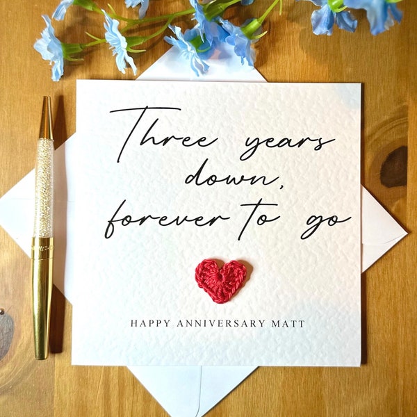 3rd anniversary card, three years down forever to go, personalised anniversary card, card for him, anniversary card for her, TLC0174