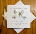 Baptism Card for Girls or Boys: Handmade Linen Card with Golden Cross, TLC0780 Baptism