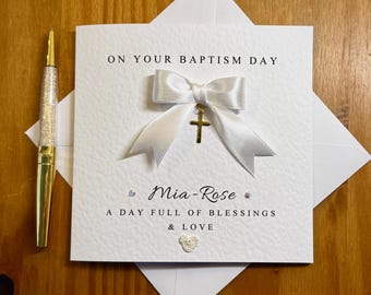 Karte zur Taufe für Mädchen oder Jungen: Handgefertigte Leinenkarte mit goldenem Kreuz, TLC0780 Taufe