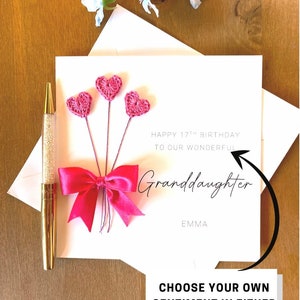 Granddaughter Birthday Card, Crochet Heart Balloons & Bow, personalised card, adult granddaughter card image 6
