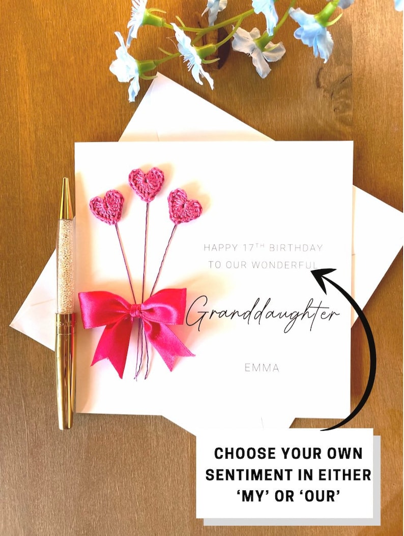 Granddaughter Birthday Card, Crochet Heart Balloons & Bow, personalised card, adult granddaughter card image 6