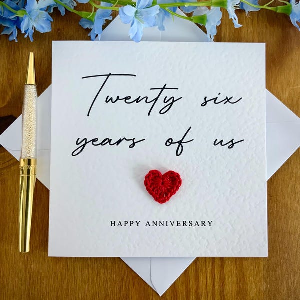26th Anniversary Card: Crochet Heart, Personalised Keepsake, TLC0447