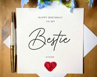 Tarjeta de cumpleaños personalizada para tu mejor amiga: Corazón de hilo de algodón tejido a crochet, TLC0081