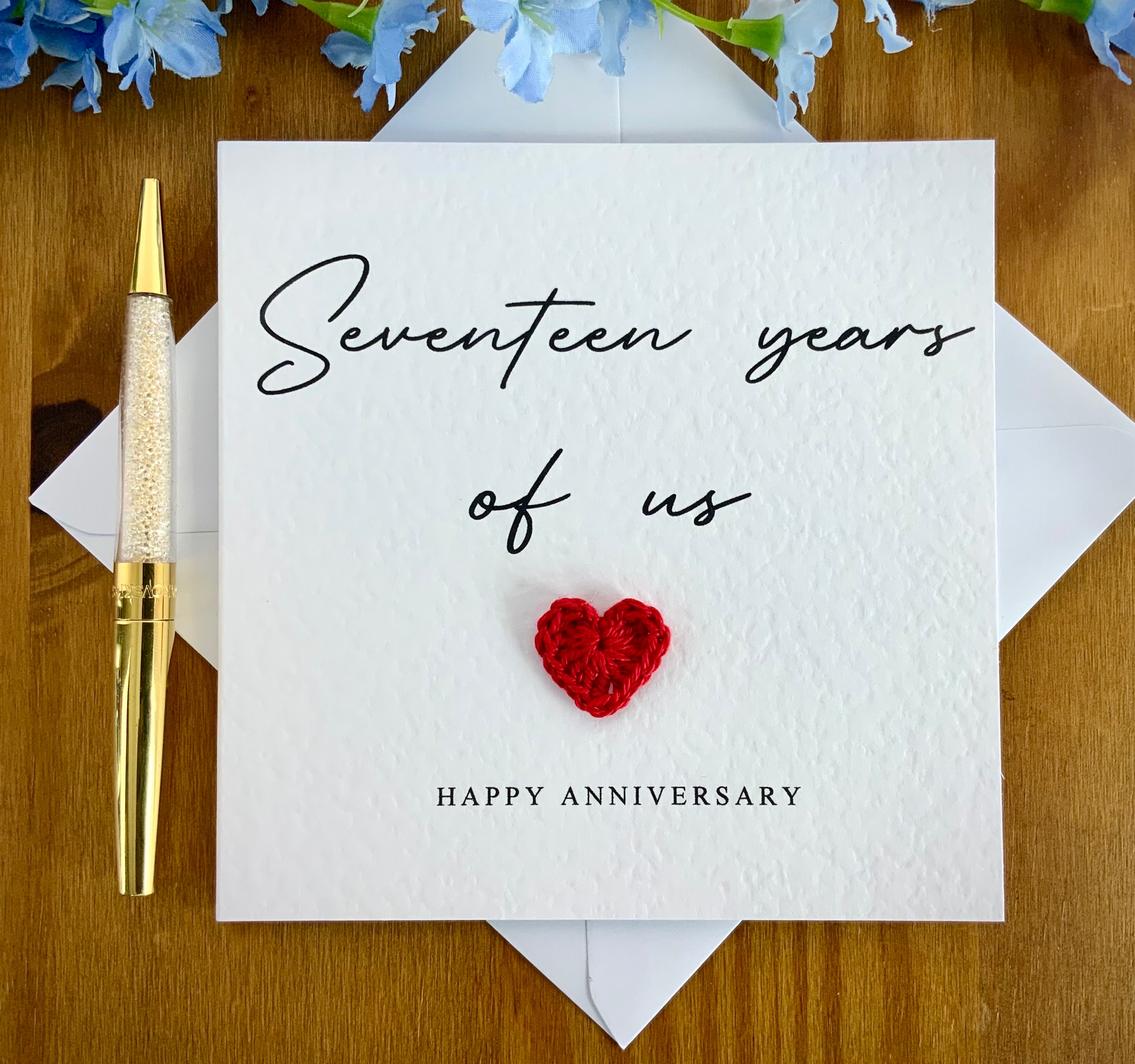17th Anniversary Card, 17 Years of Us, Crochet Heart, Cotton