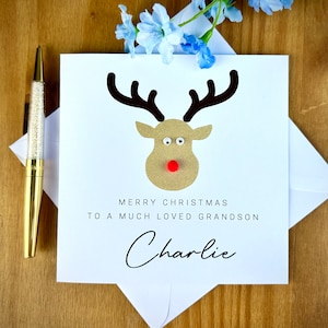 Tarjeta de Navidad de reno nieto, tarjeta de reno de Navidad para nieto, tarjeta de Navidad de cualquier nombre, tarjeta de feliz Navidad, TLC0376