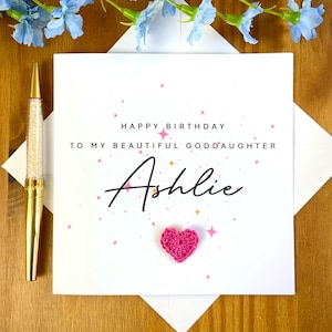 Carte d'anniversaire de filleule avec coeur au crochet, carte d'anniversaire de filleule scintillante, carte de filleule personnalisée, TLC0537