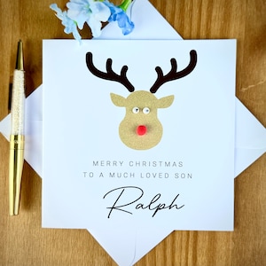 Carte de Noël de renne de fils, carte de renne de Noël pour son fils, carte de Noël de n'importe quel nom, carte de Noël heureux, TLC0376
