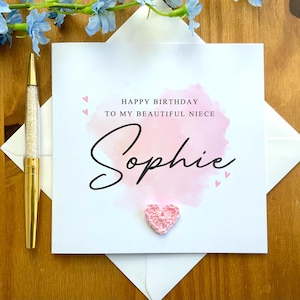 Carte d'anniversaire NIÈCE avec coeur au crochet, carte d'anniversaire de nièce faite main, carte d'anniversaire rose, carte de nièce personnalisée, TLC0634