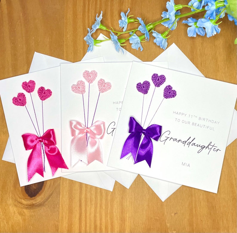 Granddaughter Birthday Card, Crochet Heart Balloons & Bow, personalised card, adult granddaughter card image 10
