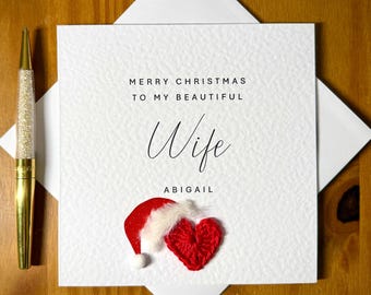 Wife Christmas card, crochet heart with shimmering santa hat,  Textured Cardstock, wife Xmas card, TLC0801