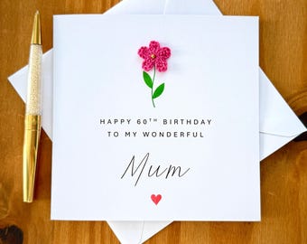 Mum 60th Birthday Card, handmade crochet flower card, mom 60th birthday, TLC0536