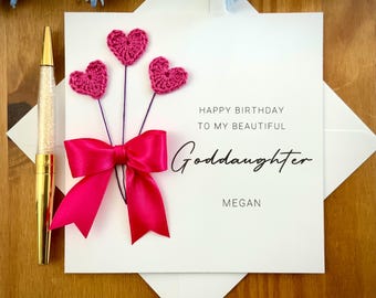 Goddaughter Birthday Card, Crochet Heart Balloons & Bow, TLC0471