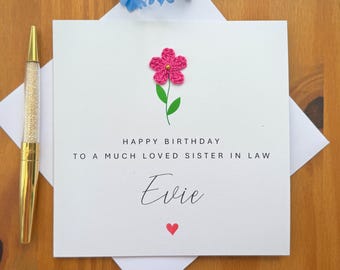 Sister in Law Birthday Card: Handmade Crochet Flower Keepsake, SIL floral card, TLC0685