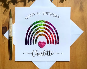 Carte d'anniversaire arc-en-ciel scintillante, carte arc-en-ciel, carte d'anniversaire fille, carte d'anniversaire fille personnalisée, anniversaire fille, carte au crochet