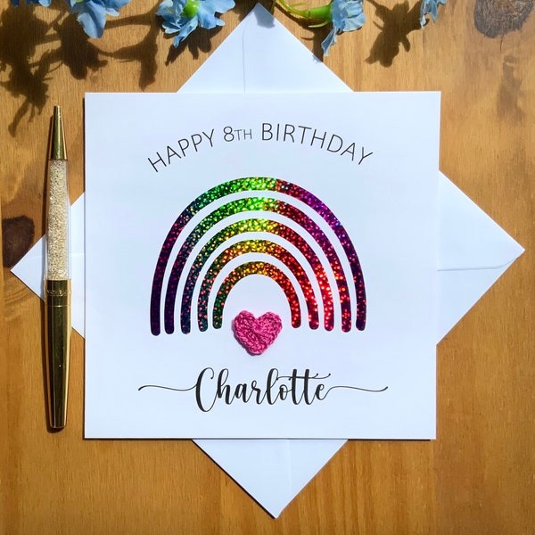 Glitter rainbow birthday card, rainbow card, daughter birthday card, personalised girls birthday card, girls birthday, crochet card