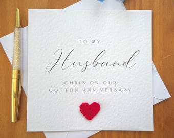 Husband cotton Anniversary Card, second anniversary card, Crochet Heart, Personalised Card for him, TLC0727