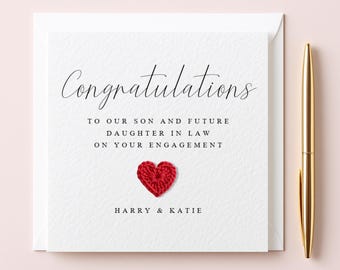 Tarjeta de compromiso para hijo y futura nuera, tarjeta de compromiso para hijo, Corazones de algodón sobre cartulina texturizada, TLC0776