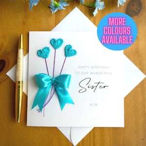 Carte d'anniversaire soeur, carte soeur personnalisée, carte ballon coeur, carte avec noeud, carte faite main pour soeur, carte soeur spéciale, TLC0169