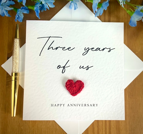 3rd Anniversary Card: three years of us card, Crochet Heart, Cotton Anniversary, TLC0306