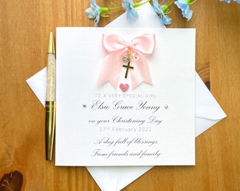 Luxury christening card for girls, personalised christening day, special handmade card, golden cross charm, sending blessings, TLC0012