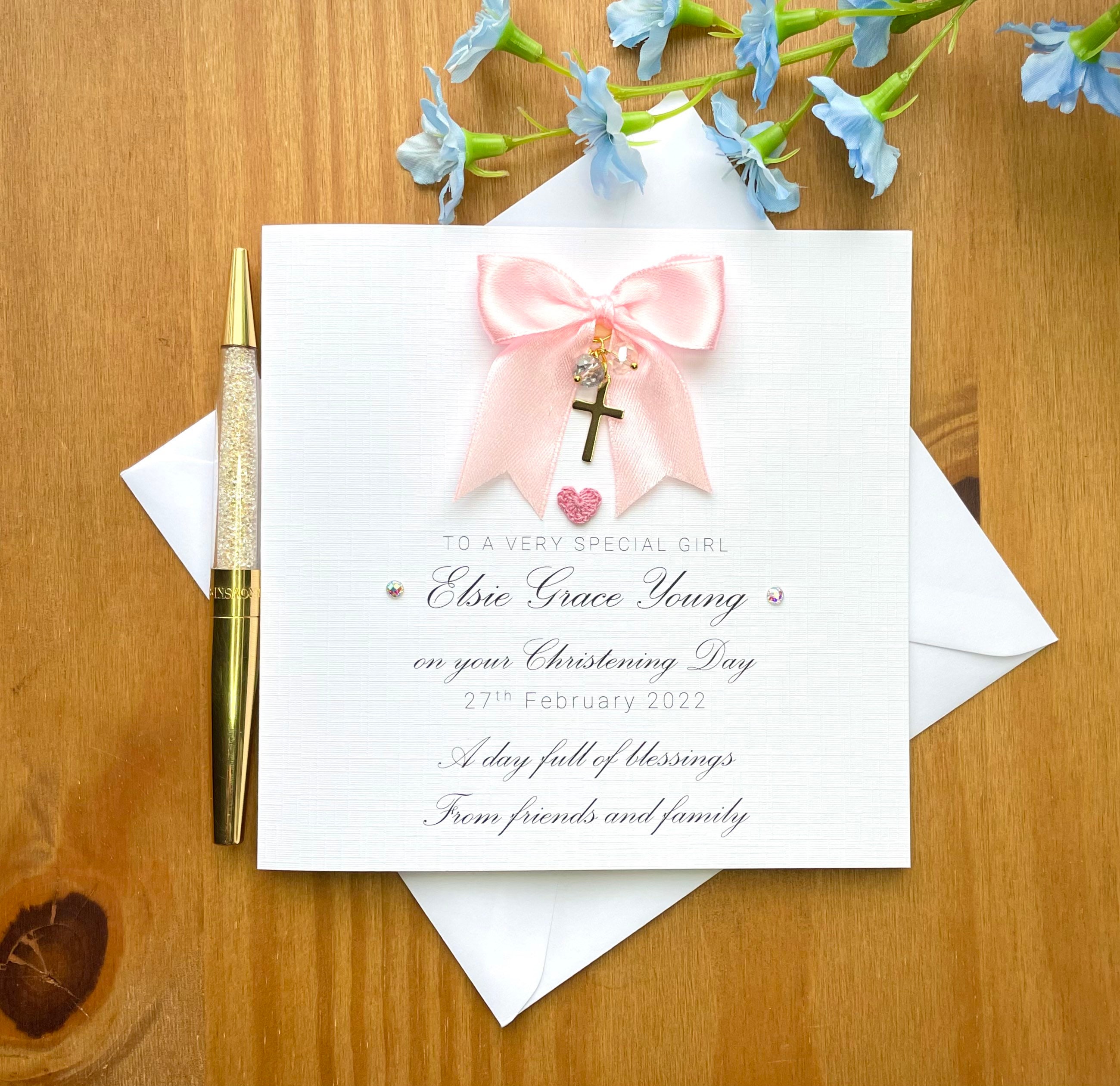 Luxury christening card for girls, personalised christening day, special handmade card, golden cross charm, sending blessings, TLC0012