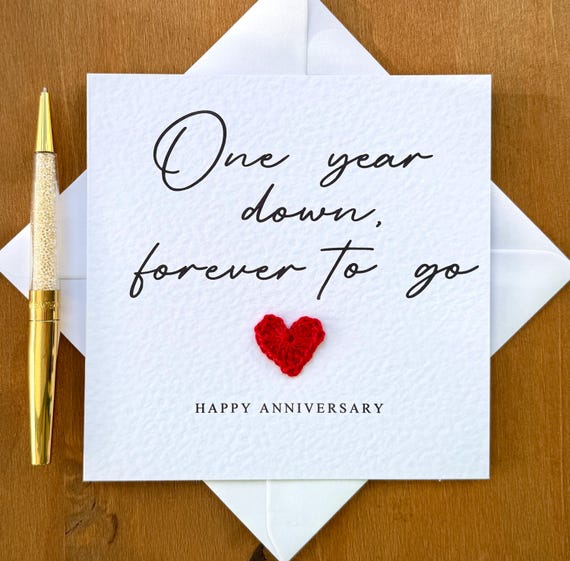 First Anniversary Card: one year down, forever to go, Crochet Heart, Personalised Card, for him/ her, TLC0144