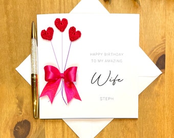 Wife birthday card, personalised birthday card for wife, birthday hearts, unusual card for wife, beautiful card for her, bouquet card