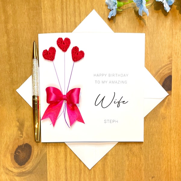 Wife birthday card, personalised birthday card for wife, birthday hearts, unusual card for wife, beautiful card for her, bouquet card