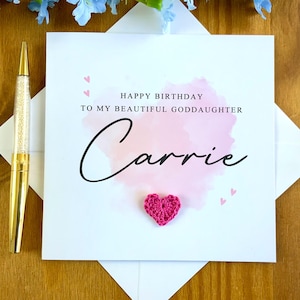 Carte d'anniversaire pour filleule avec coeur au crochet, carte d'anniversaire pour filleule faite main, carte pour filleule personnalisée, TLC0634