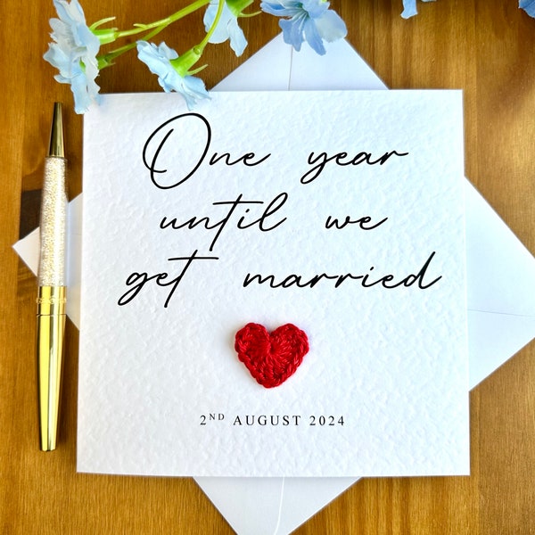 Een jaar totdat we gaan trouwen kaart, nog een jaar te gaan kaart, bruiloft countdown kaart, romantische kaart voor verloofde, aftellen naar bruiloft, TLC0258