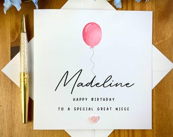 Great niece balloon birthday card, adult great niece birthday card, birthday card for great niece, pink balloon birthday, TLC0473