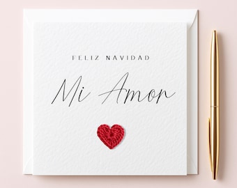 Spanish Christmas Card – Feliz Navidad Mi Amor, Handmade Crochet Heart Card, Romantic Card for Couples, Husband, Wife, Partner TLC0765