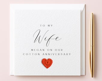 Wife cotton Anniversary Card, 2nd anniversary card, Crochet Heart, Personalised Card for her, TLC0727