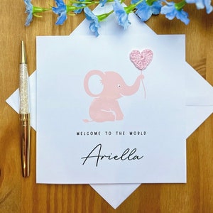 Nueva tarjeta de niña, bebé elefante Tarjeta de bienvenida al mundo, tarjeta de bebé personalizada, nueva tarjeta de bebé, tarjeta de felicitación bebé, TLC0329