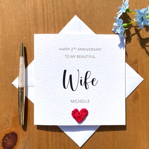 Personalised wedding anniversary card for her, wife anniversary, 1st, 2nd, 3rd, 4th, 5th, 6th, 7th, 8th, 9th, 10th, any year, crochet card.