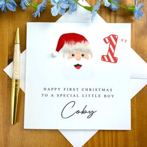 First Christmas Santa Weihnachtskarte mit Pelzbesatz, Babys erste Weihnachtskarte, kleiner Junge erstes Weihnachten, fröhliche Weihnachtskarte, TLC055x