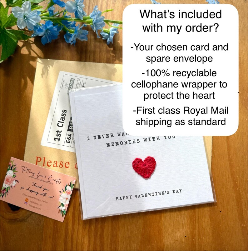 May include: A white card with a red crocheted heart and the text "I never want to forget our memories with you" and "Happy Valentine's Day". The card is packaged in a cellophane wrapper and includes a spare envelope.
