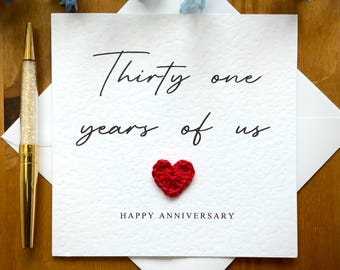 Tarjeta de 31.º aniversario: Tarjeta "Treinta y un años de nosotros", corazón de crochet, recuerdo personalizado, TLC0455
